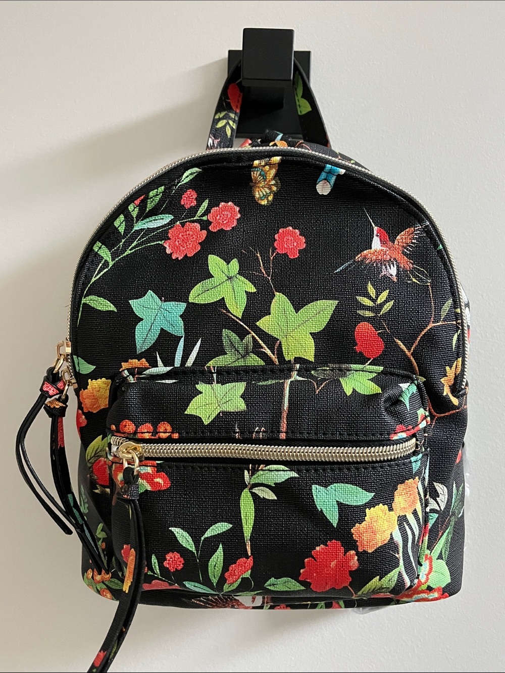 Black Birds & Floral Mini Backpack - Women's Crossbody Backpack